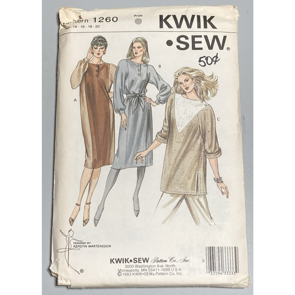 1983 Kwik Sew Pattern 1260 Misses Raglan Sleeve Dress or Tunic Sz 14-20 UNCUT